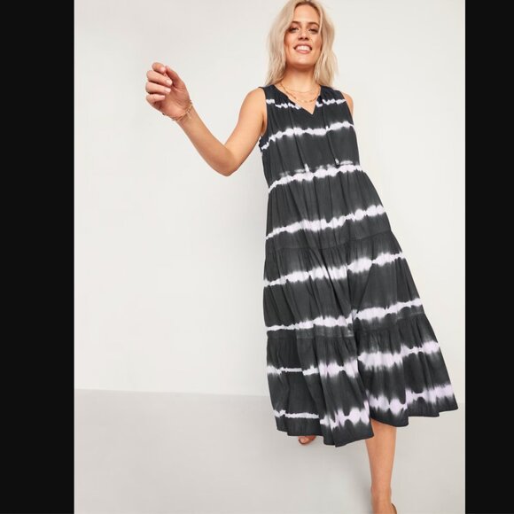 Old Navy Tiered Tie-Neck Tie-Dyed Plus-Size Midi Swing Dress Size 3X Black Beach - Picture 1 of 12